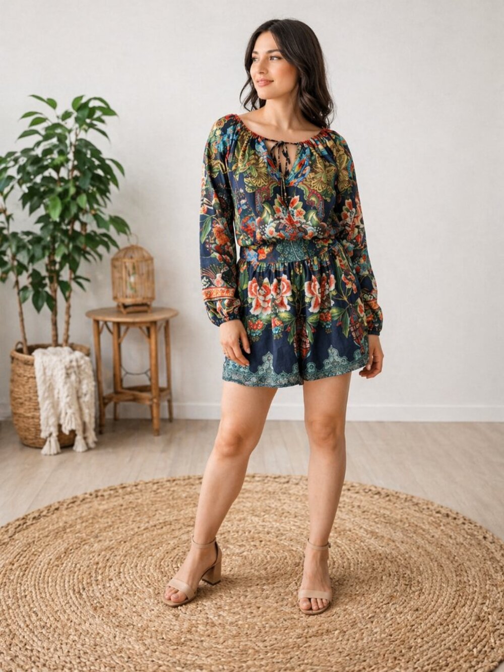 Boho Floral Romper Tropical Brazilian Resort Mini Dress S